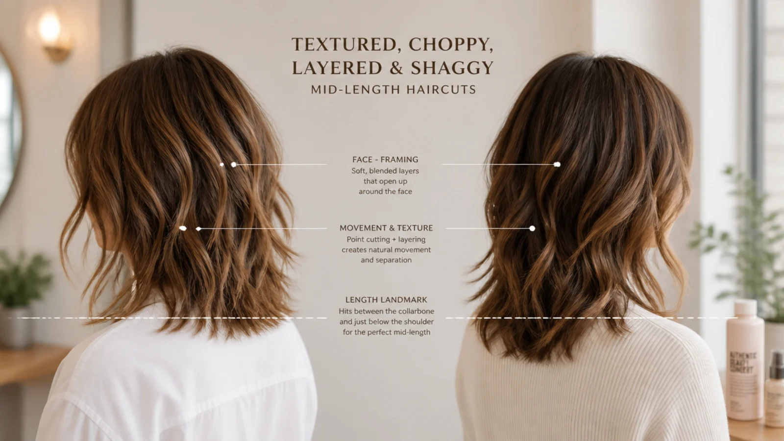 Comparison of textured, choppy, layered and shaggy mid length haircuts side by side