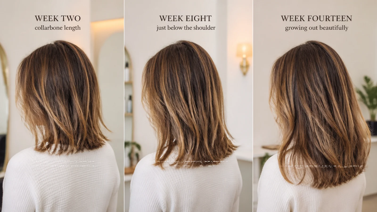 Textured mid length haircut grow-out timeline showing week two, week eight and week fourteen