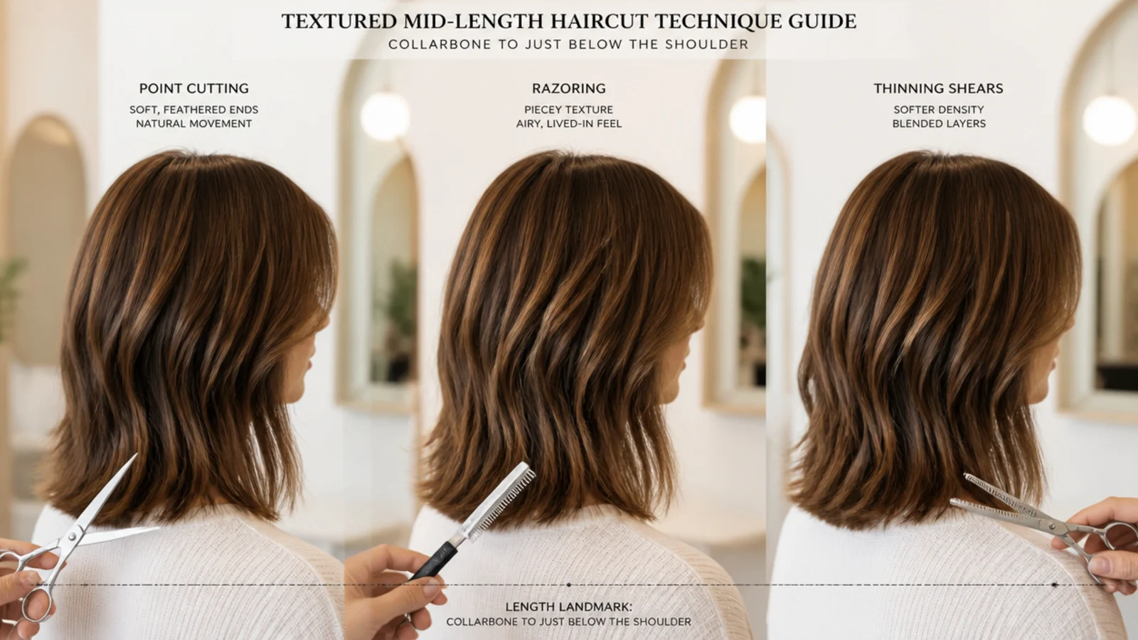 Textured mid length haircut technique guide comparing point cutting, razoring and thinning shears