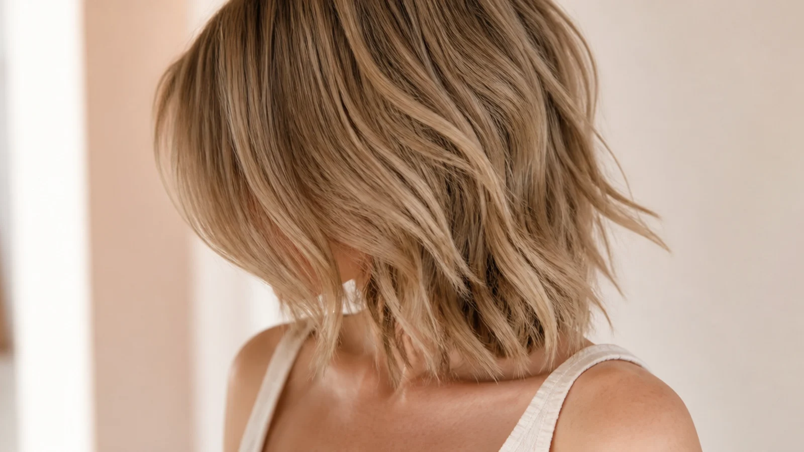 Wavy mid length shag haircut with choppy crown layers and textured ends at the collarbone