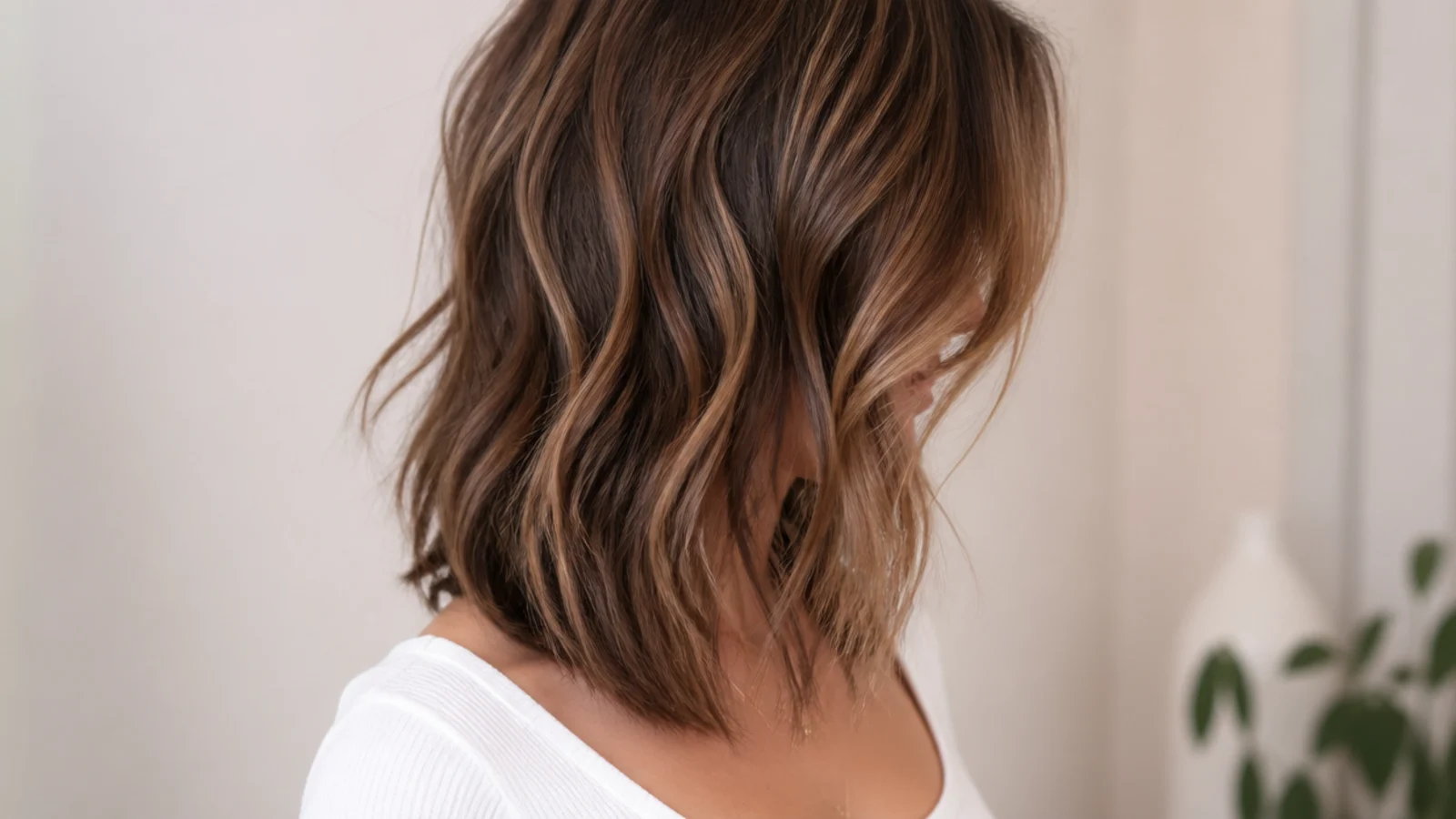 Wavy mid length haircut with curtain bangs cut longer at the sides to follow the wave