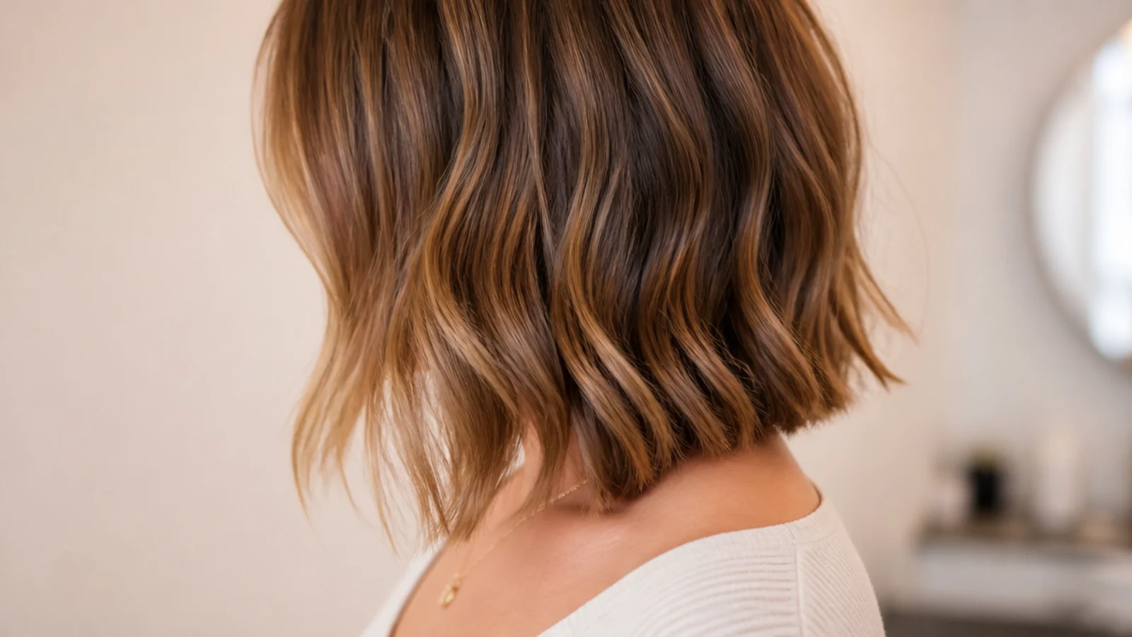 Angled wavy lob haircut cut shorter at the back and about an inch longer at the front