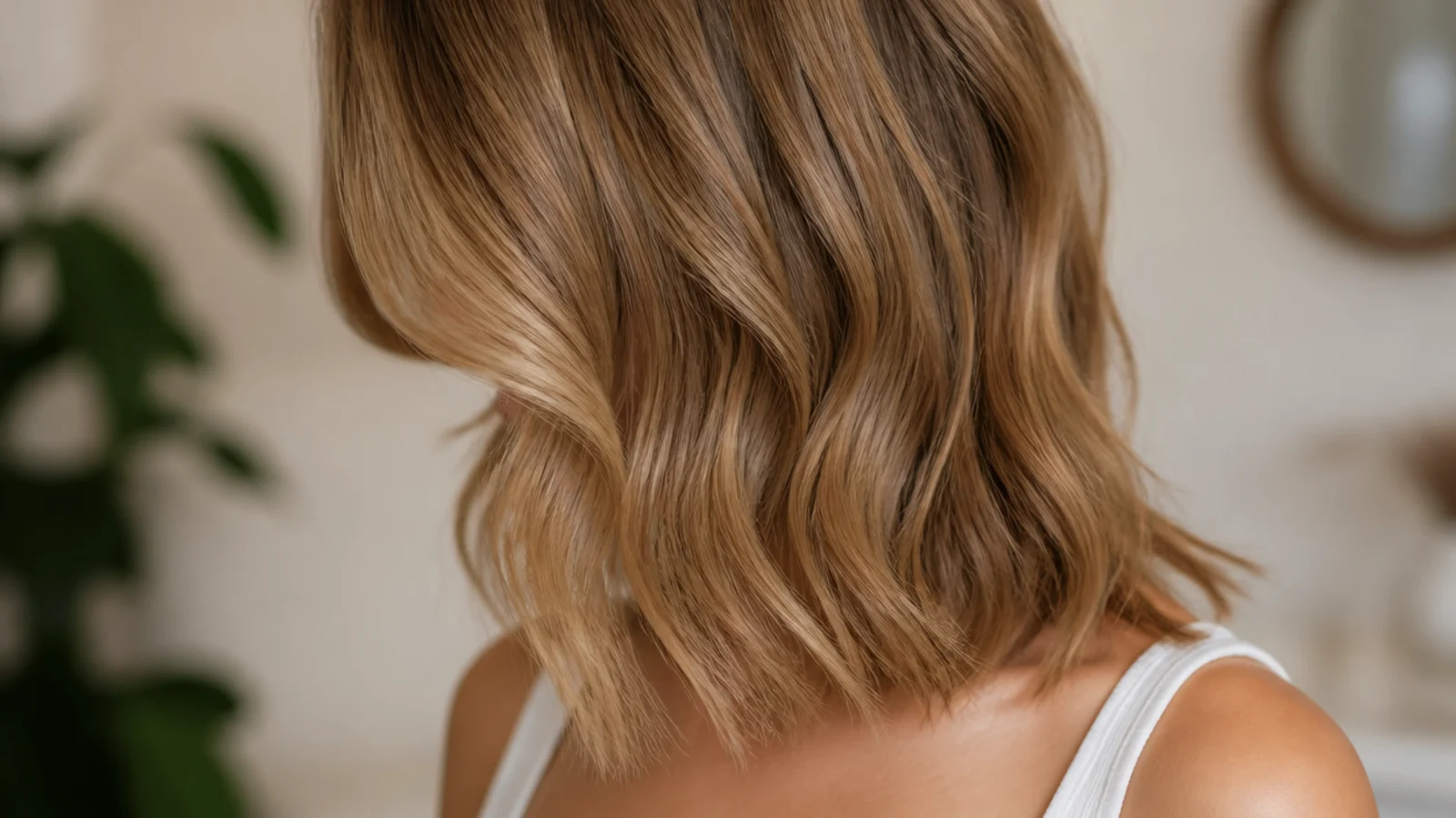 Fine wavy mid length haircut with only two long layers and a solid collarbone perimeter