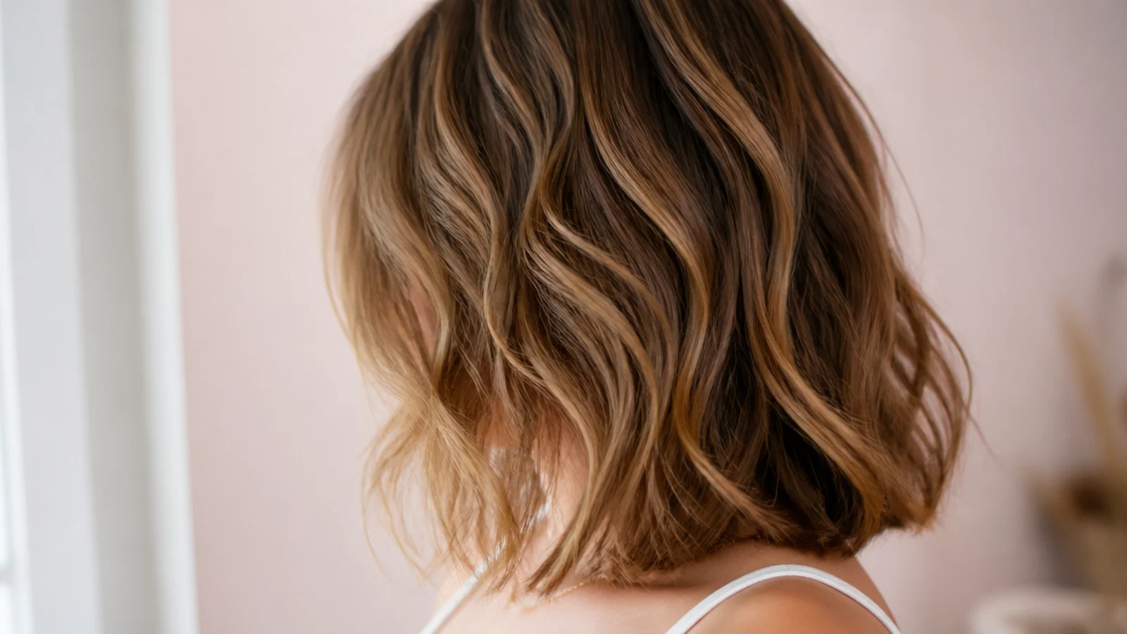 Thick wavy mid length haircut with internal weight removed so the shape falls instead of widening