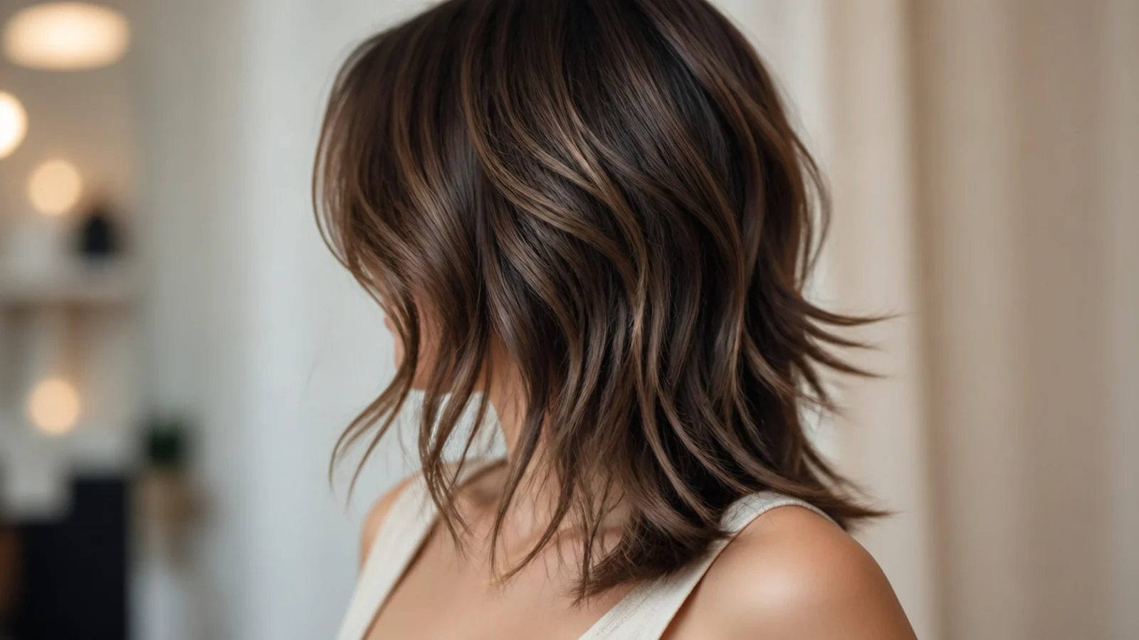 Wavy mid length wolf cut with heavy crown layers and disconnected face-framing pieces