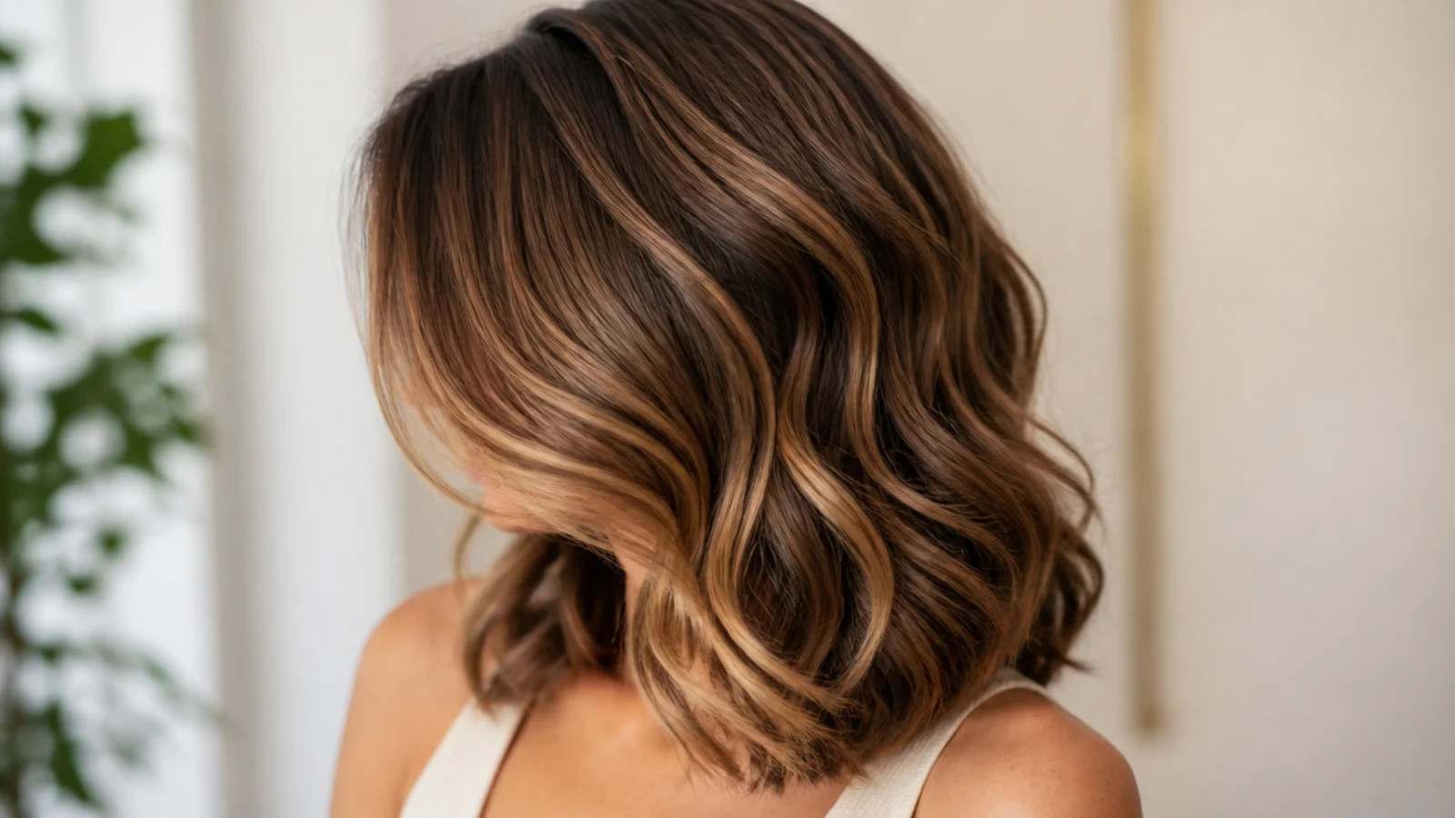 Wavy mid length haircut styled with a deep side part for root lift on one side