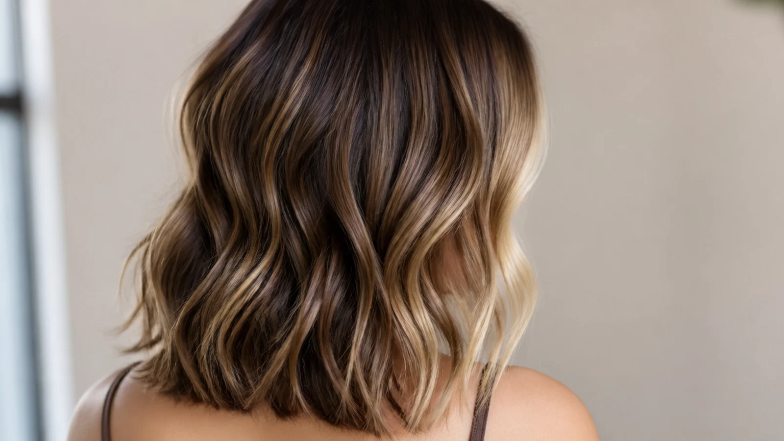 Wavy mid length haircut with a lightened money piece framing the face on both sides