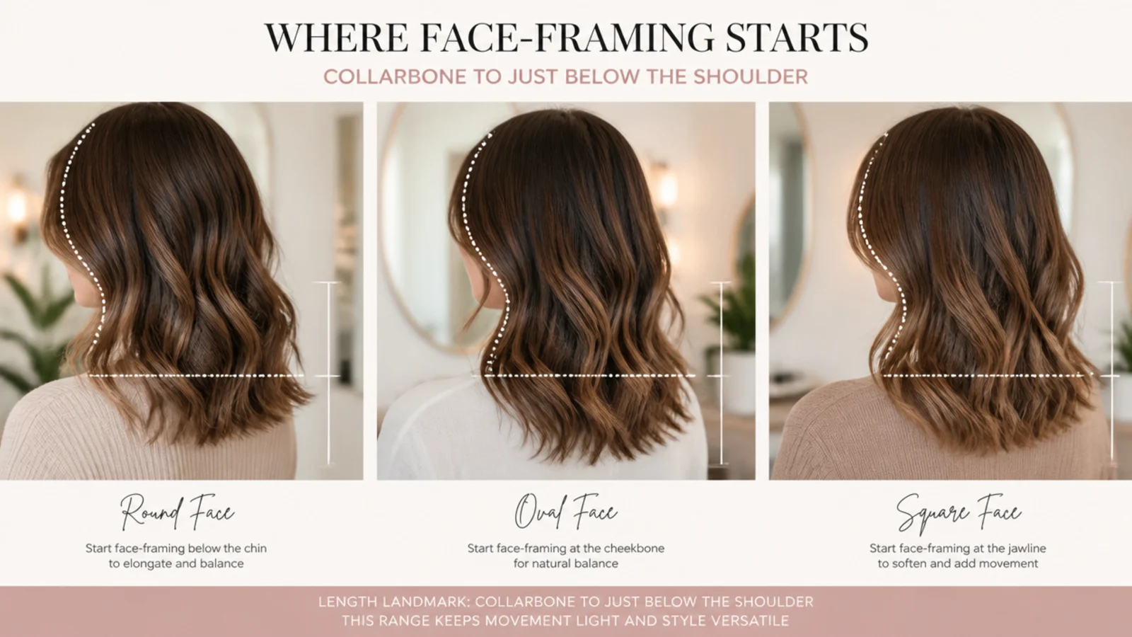 Face shape guide showing where face-framing starts on a wavy mid length haircut for round, oval and square faces