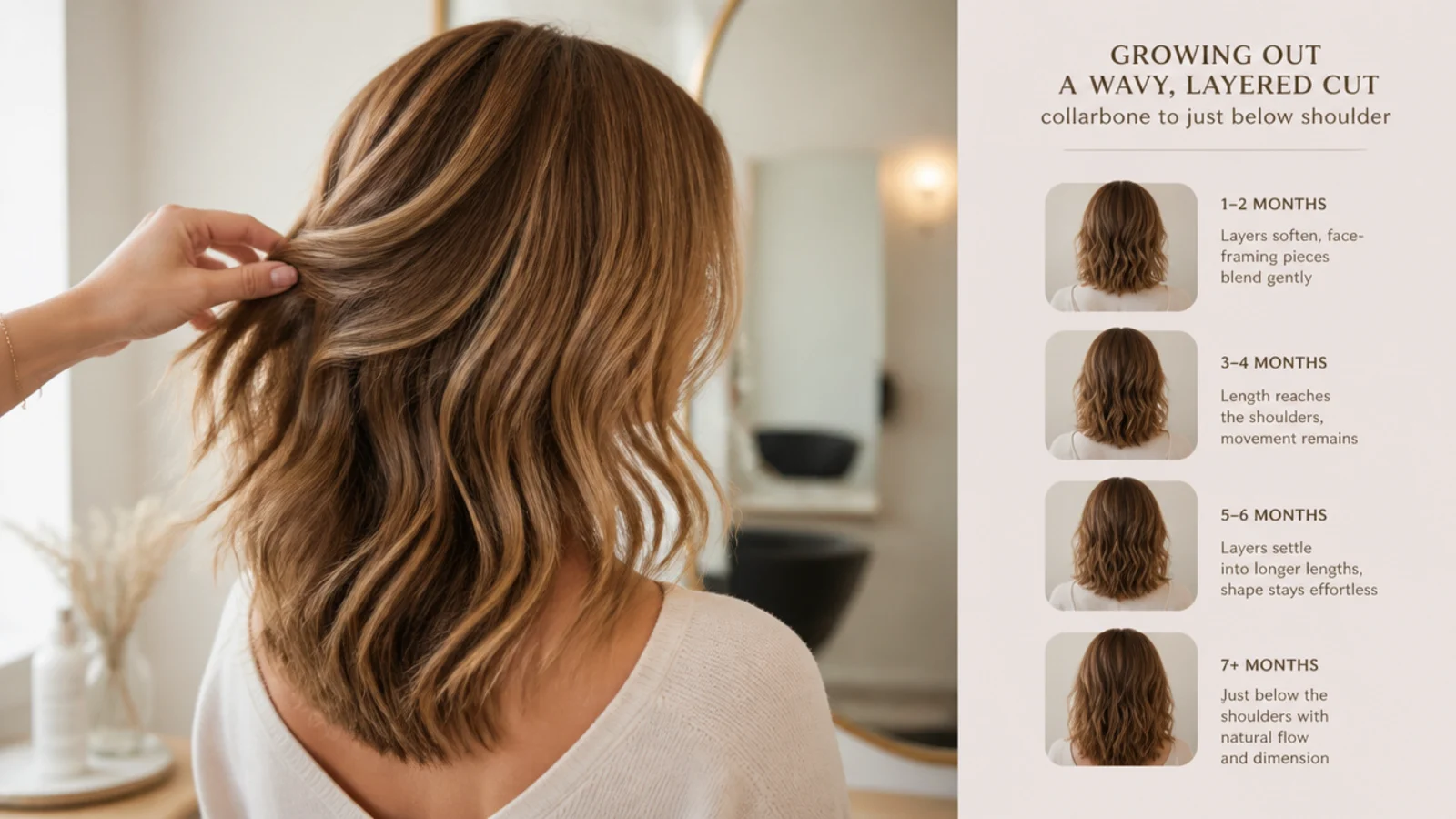 Growing out a wavy mid length haircut with layers blending into longer length over several months