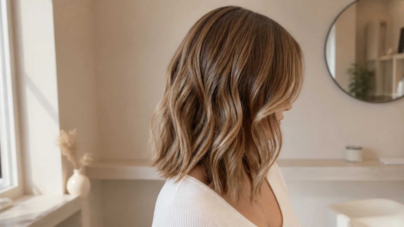 Wavy mid length haircut falling at the collarbone with long invisible layers and jaw-length face-framing