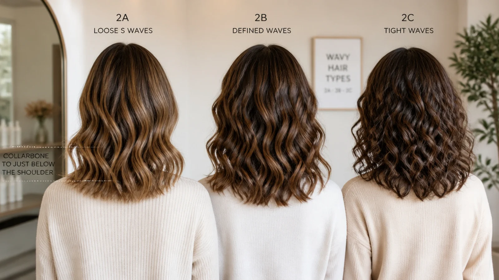 Three wavy hair types compared showing 2A loose S bends, 2B defined waves and 2C tight waves