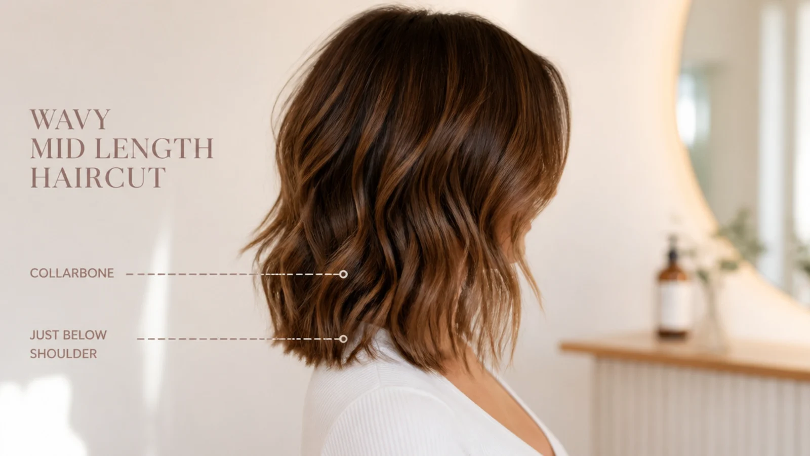 Length guide showing wavy mid length haircut landing between the collarbone and just below the shoulder