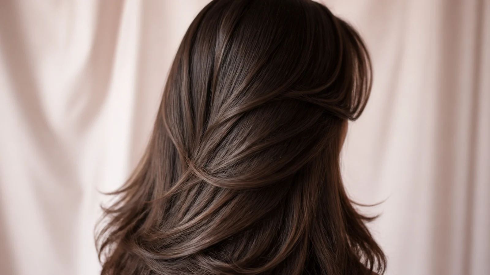 Soft espresso long layered hair with curtain bangs sweeping away from a center part, shot from behind