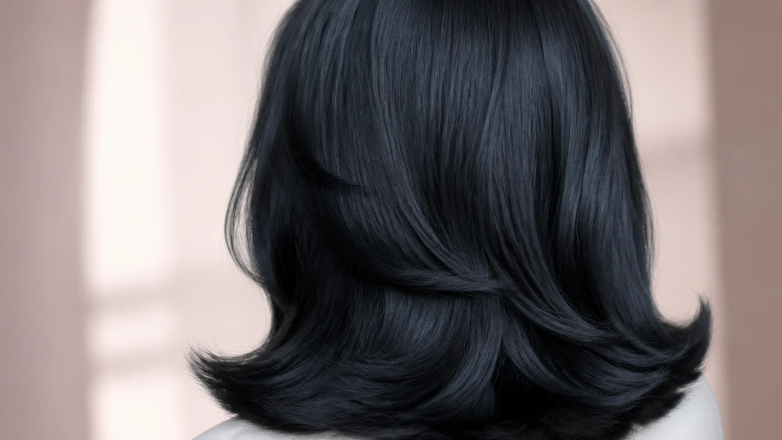 Blue black hair in a bouncy 90s round brush blowout with turned-under ends, photographed from behind