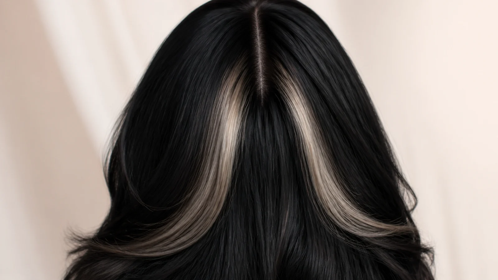 Black hair with two bleached blonde money piece strands framing a center part, viewed from behind
