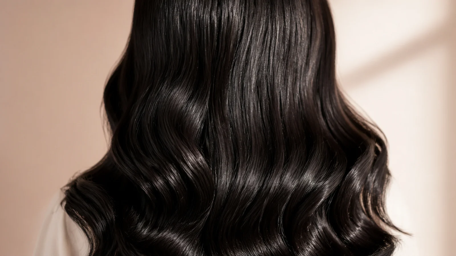 Jet black old Hollywood waves set in a deep uniform S pattern, photographed from behind