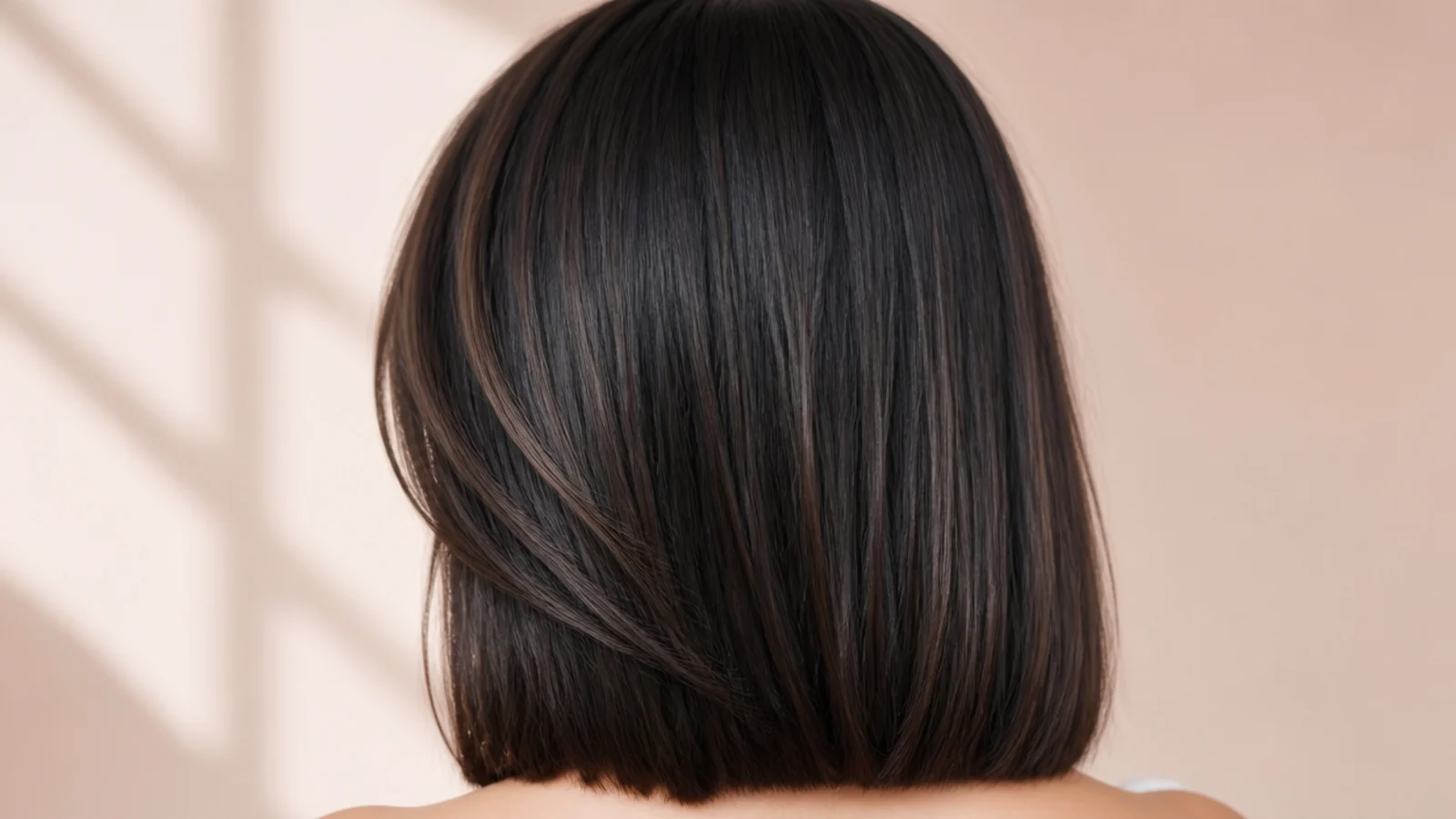Collarbone length black lob with a blunt one-length perimeter and no visible layers, shot from behind