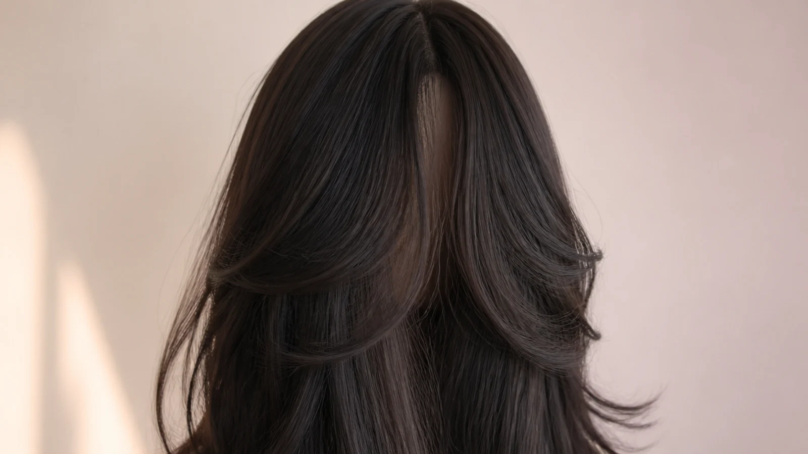 Long black hair with a wispy see-through curtain fringe parted in the middle, photographed from behind