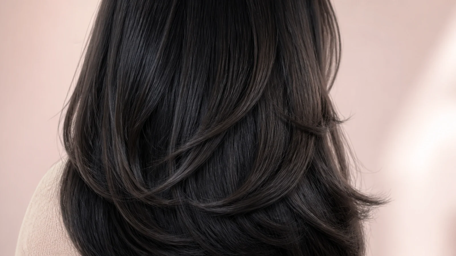 Cool toned black hair with a softly blended shadow root melting into darker lengths, shot from behind