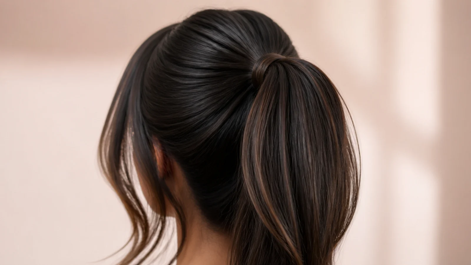 Sleek black high ponytail tied at the crown with two face-framing pieces left loose, viewed from behind
