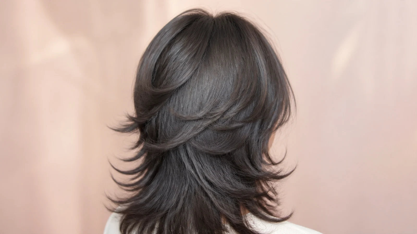Soft black wolf cut with stacked crown layers and heavy curtain bangs, photographed from behind