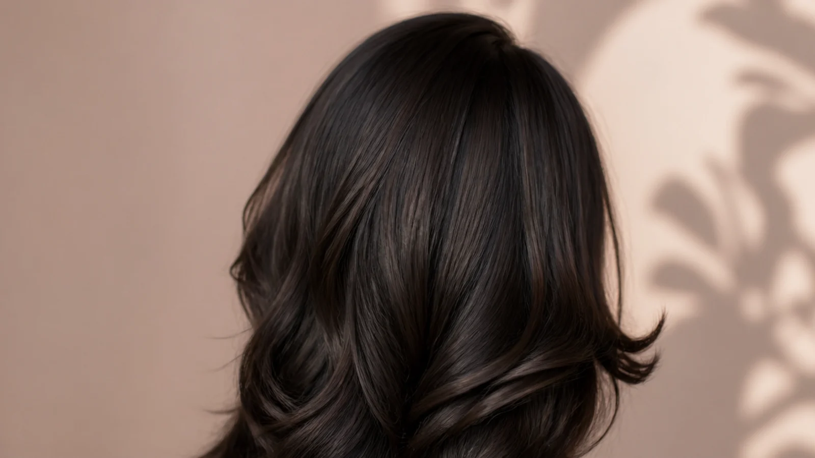 Black hair with a deep side part and a soft 90s bend through the mid lengths, shot from behind