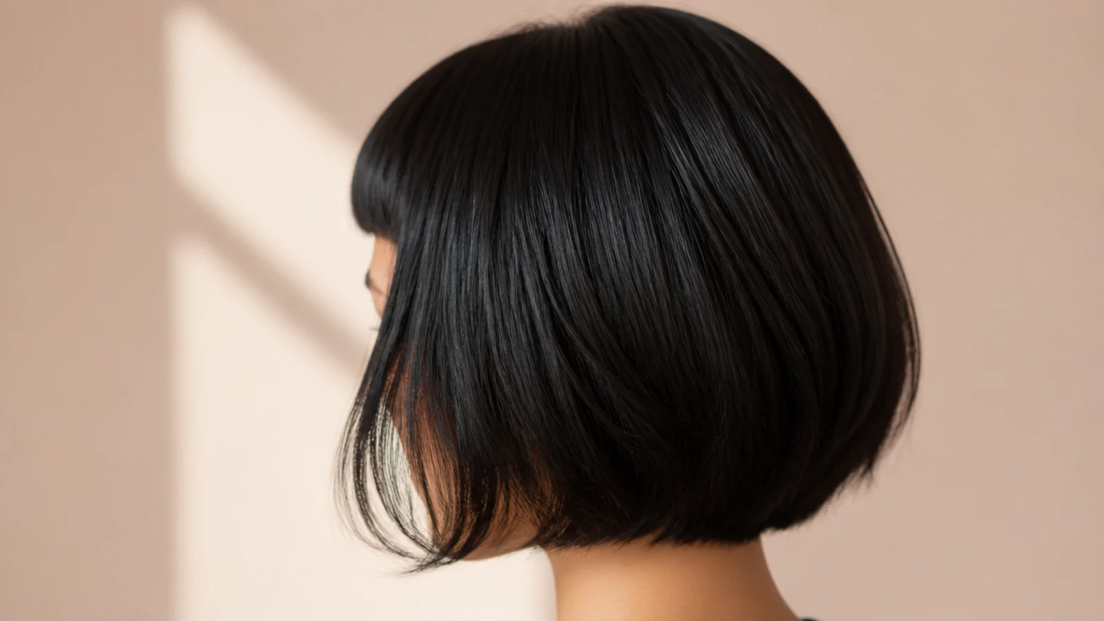 Jet black chin length bob with a short micro fringe sitting well above the eyebrows, viewed from the side and behind