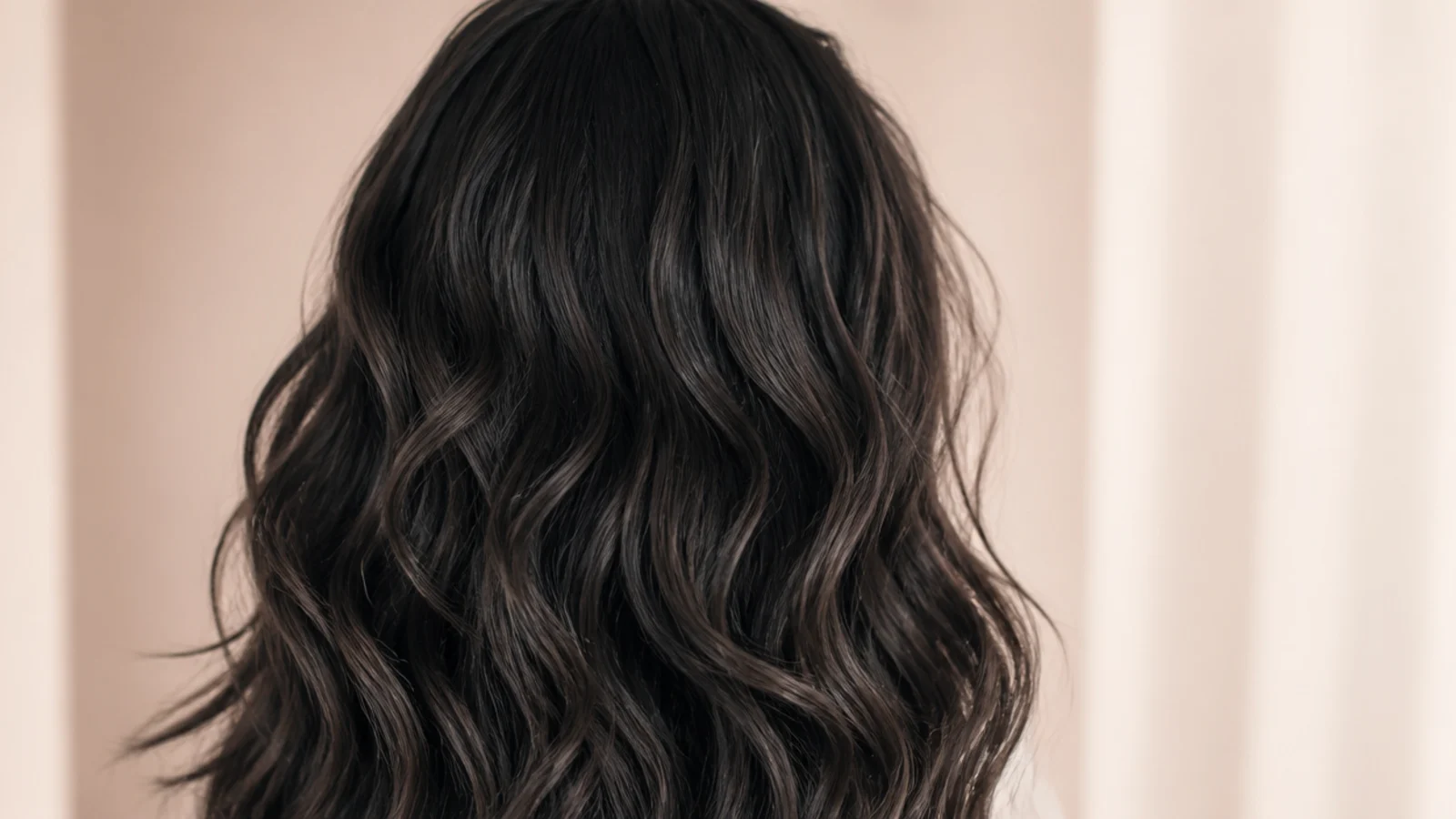 Long black hair in loose undone beach waves with a slightly matte texture, photographed from behind