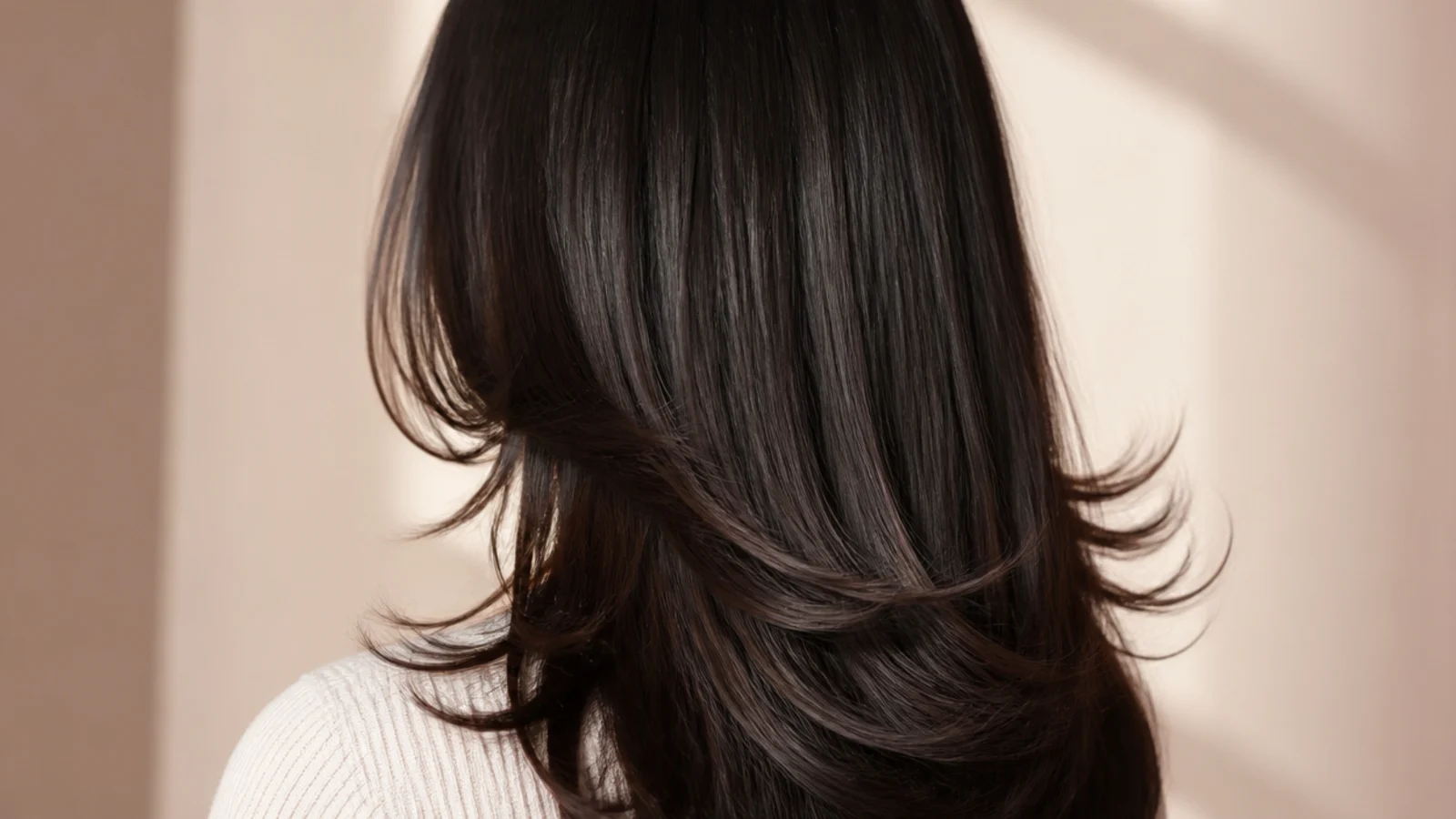 Long black hair with the shortest face-framing layer starting at the jaw and angling down the lengths, from behind