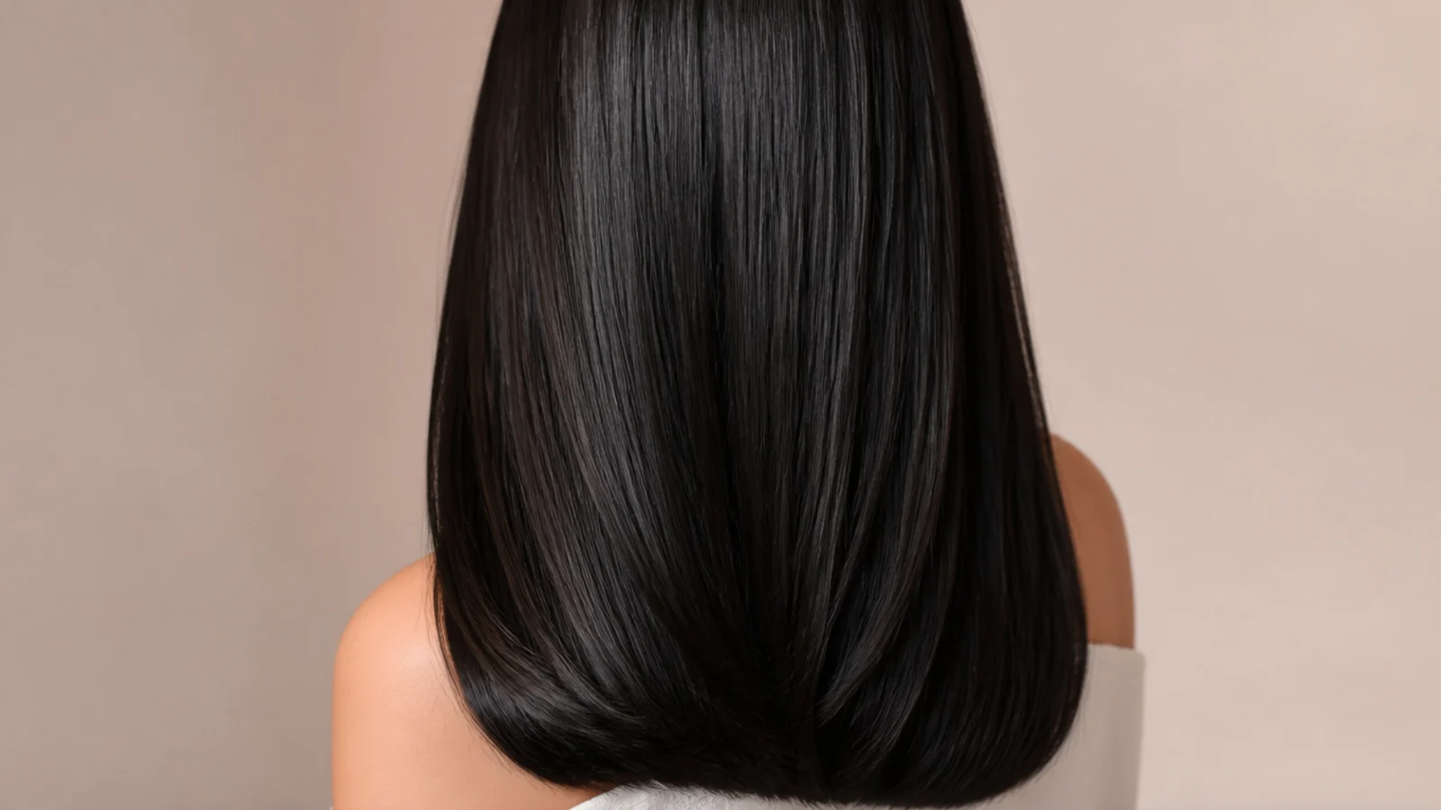 Poker straight glass hair in black with a mirror finish and blunt ends, photographed from behind