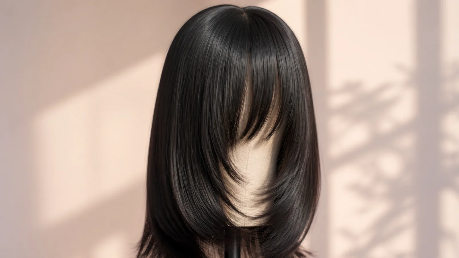 Long straight jet black lace front wig with a blunt fringe on a styling head, shown from behind