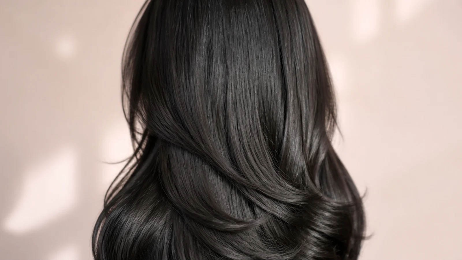 Freshly glossed soft black hair with even tone from root to end, photographed from behind