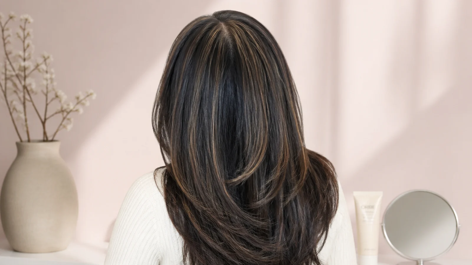 Black hair showing four weeks of lighter regrowth at the roots against dark lengths, shot from behind