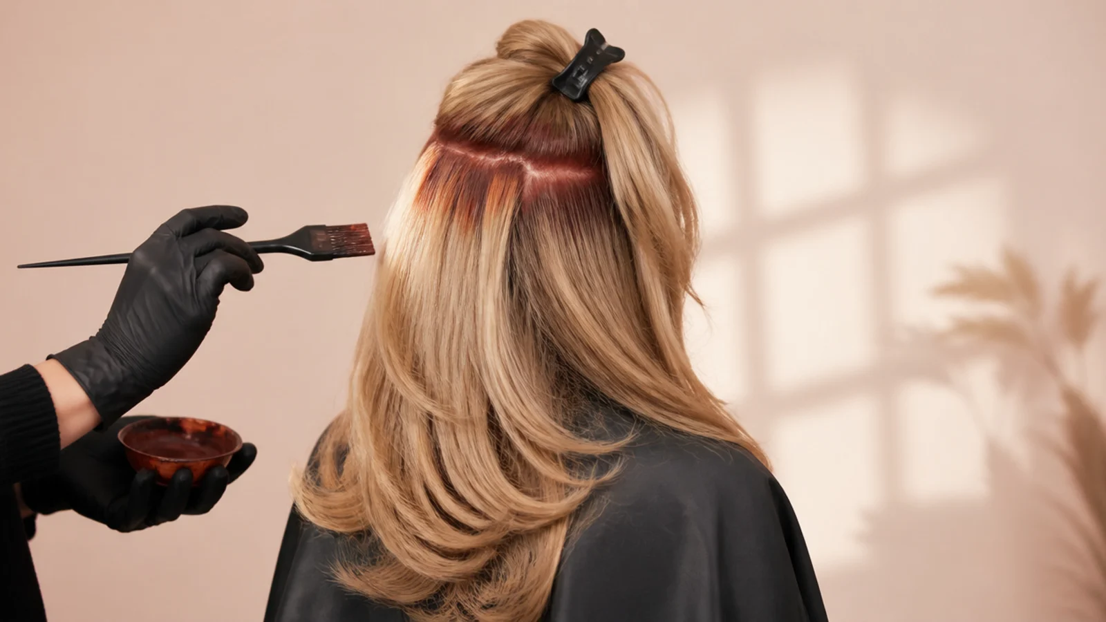 Bleached blonde lengths part-way through a red filler application before a black color service