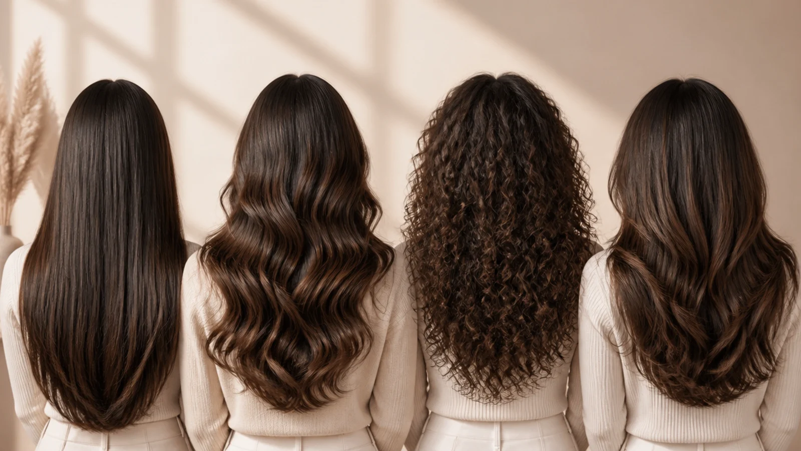 Four dark hair textures shown side by side: straight, wavy, curly and fine dark hair, all from behind