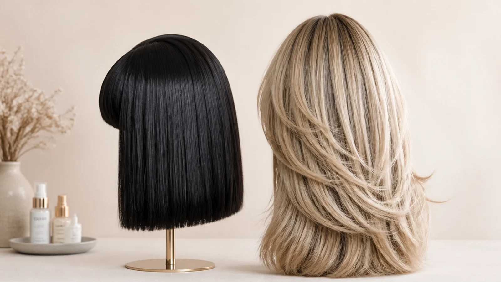 Comparison of a jet black wig with a blunt fringe beside long natural blonde layered hair, both shown from behind