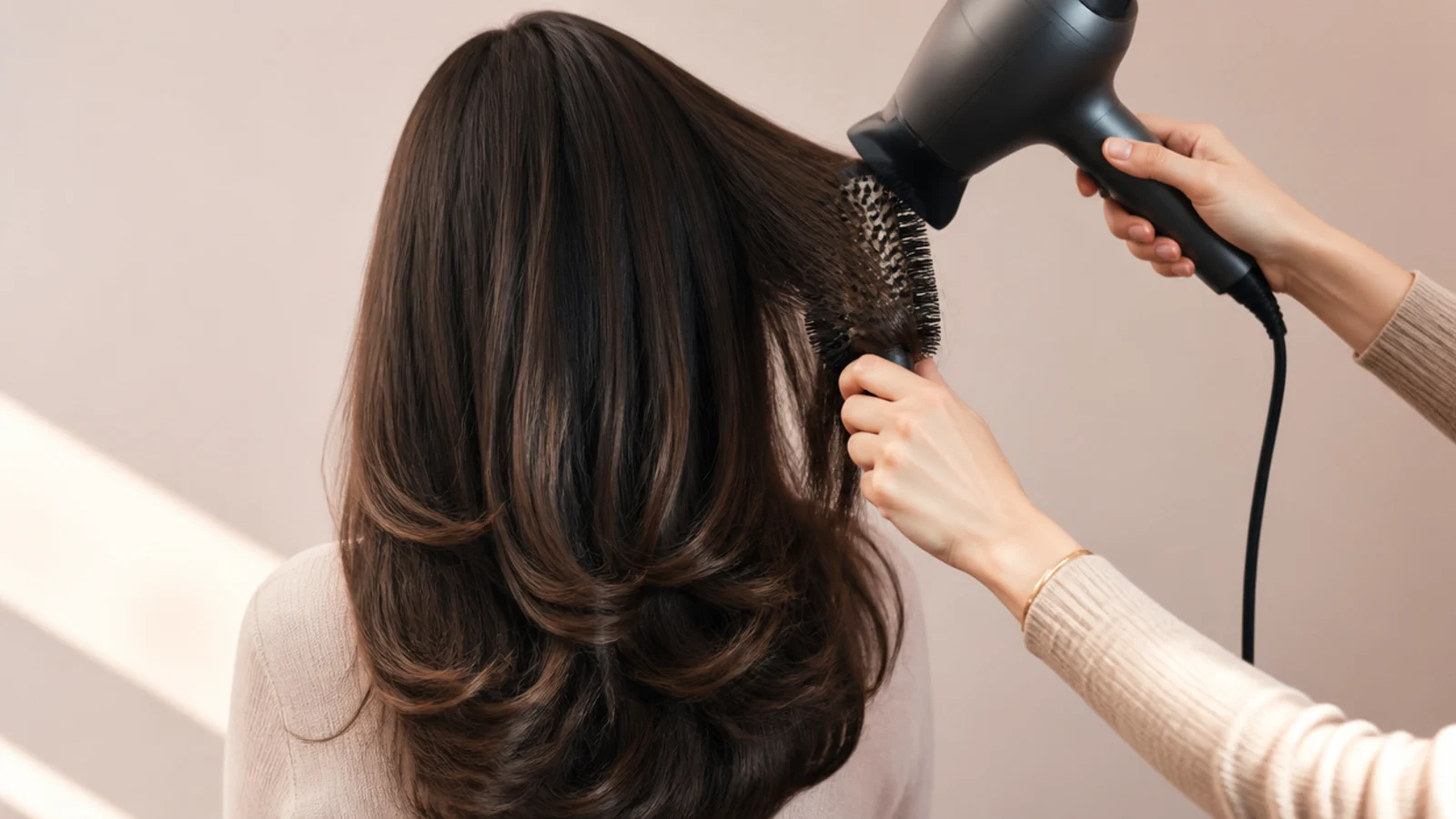 Dark hair being blow dried section by section over a large round brush with the nozzle angled downward