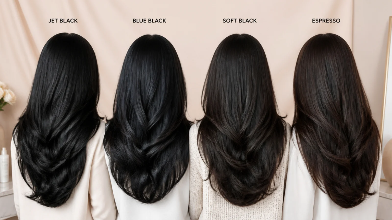 Swatches of jet black, blue black, soft black and espresso hair shades laid side by side