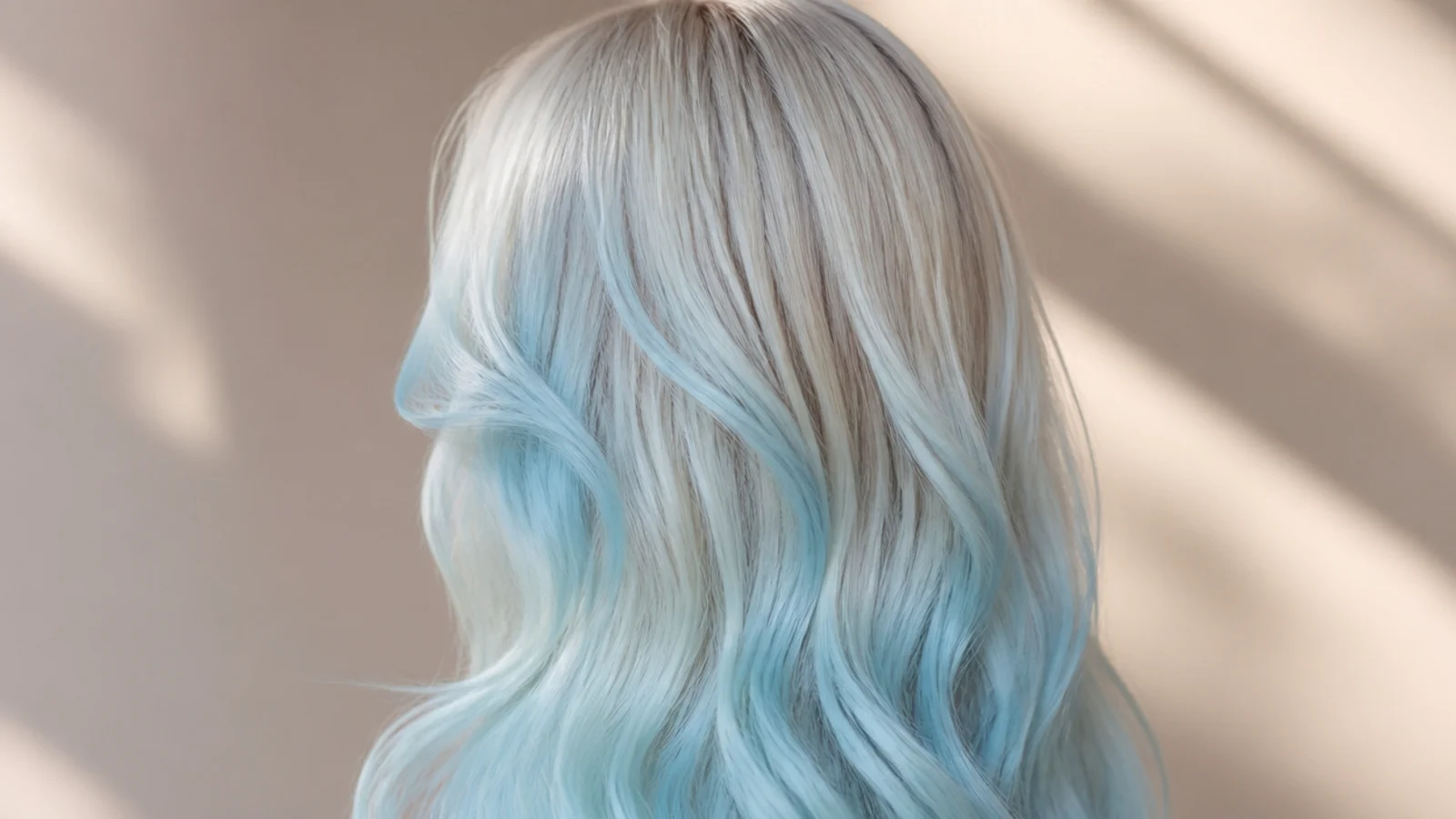 Long layered baby blue hair with a curtain fringe viewed from behind, soft pastel wash over pale blonde
