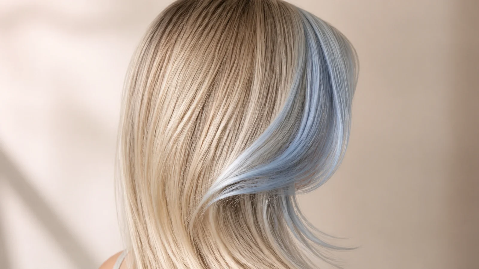Powder blue curtain bangs framing the face over long blonde hair, shot from behind and to the side