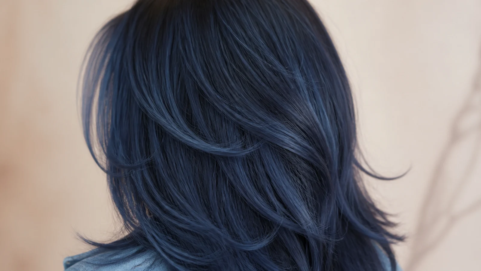 Denim blue long hair with face framing layers starting at the jaw, photographed from behind