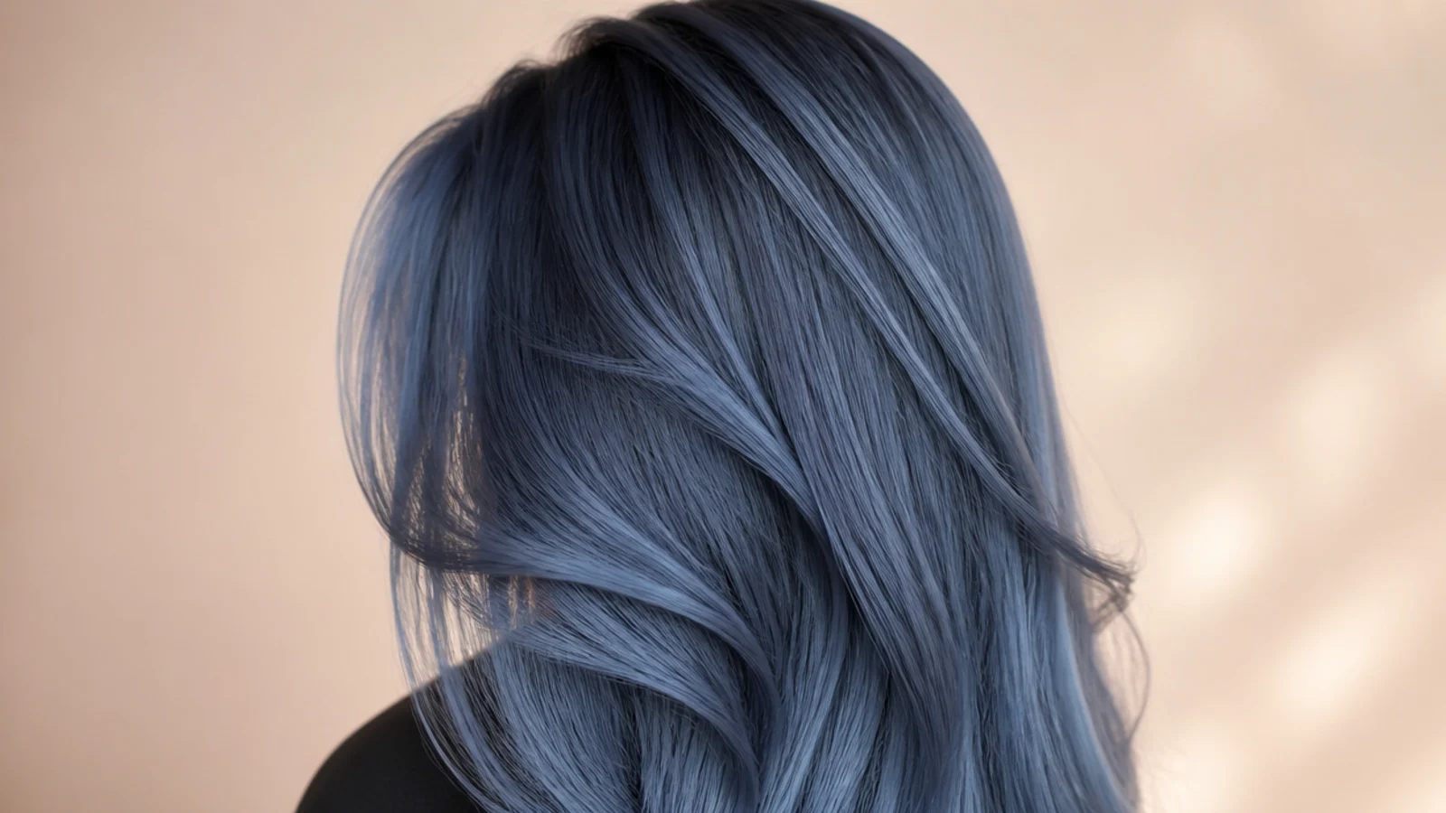 Steel blue long hair with a dark blue shadow root melting into cooler blue lengths, back view