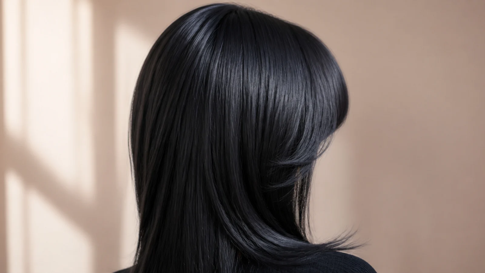 Sleek blue black hair with a blunt eyebrow length fringe, glossy and straight, shot from behind