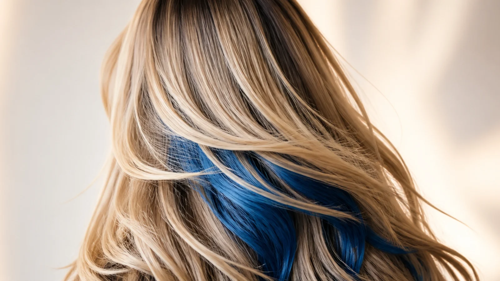 Bright blue peekaboo underlayer showing beneath long blonde layers as the hair moves, back view