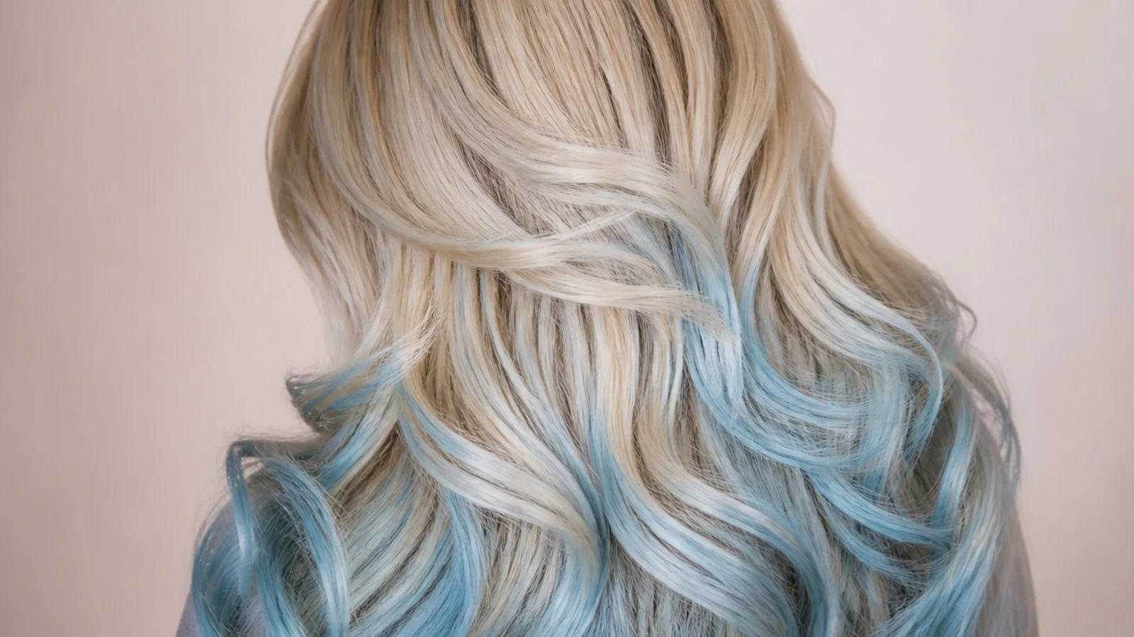 Icy pale blue balayage sweeping through long layered blonde hair from mid-length to ends, shot from behind