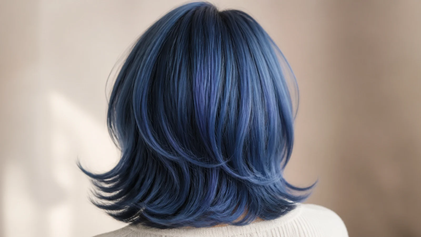 Cornflower blue hair styled in a bouncy nineties blowout with rounded ends, photographed from behind