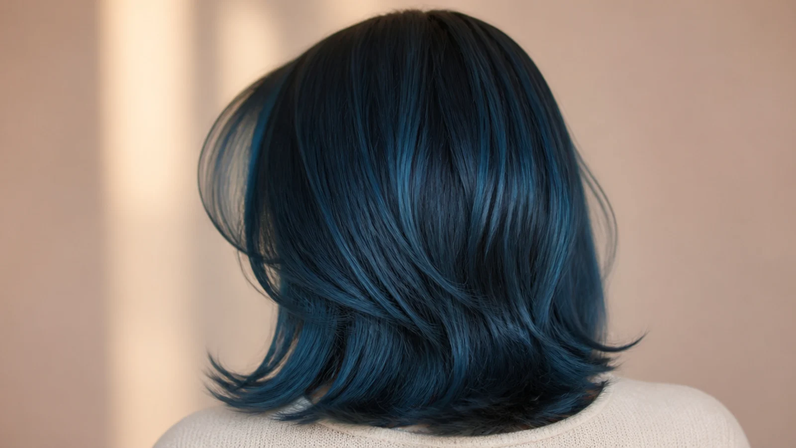Teal blue collarbone length lob with soft internal layers and a curtain fringe, photographed from behind