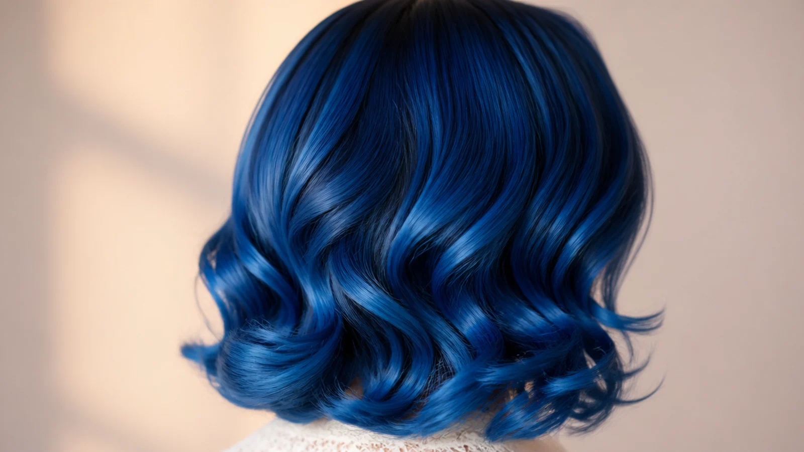 Electric blue pin curl bob with sculpted retro waves at shoulder length, shot from behind