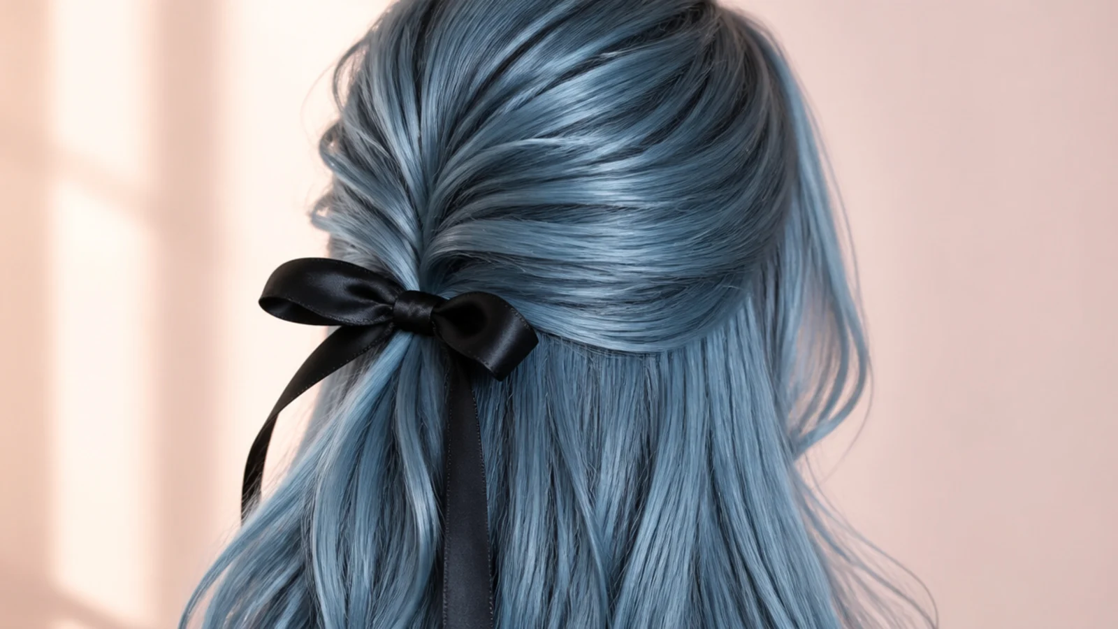 Sky blue hair in a half up style tied with a black satin ribbon bow, long layers falling loose, back view