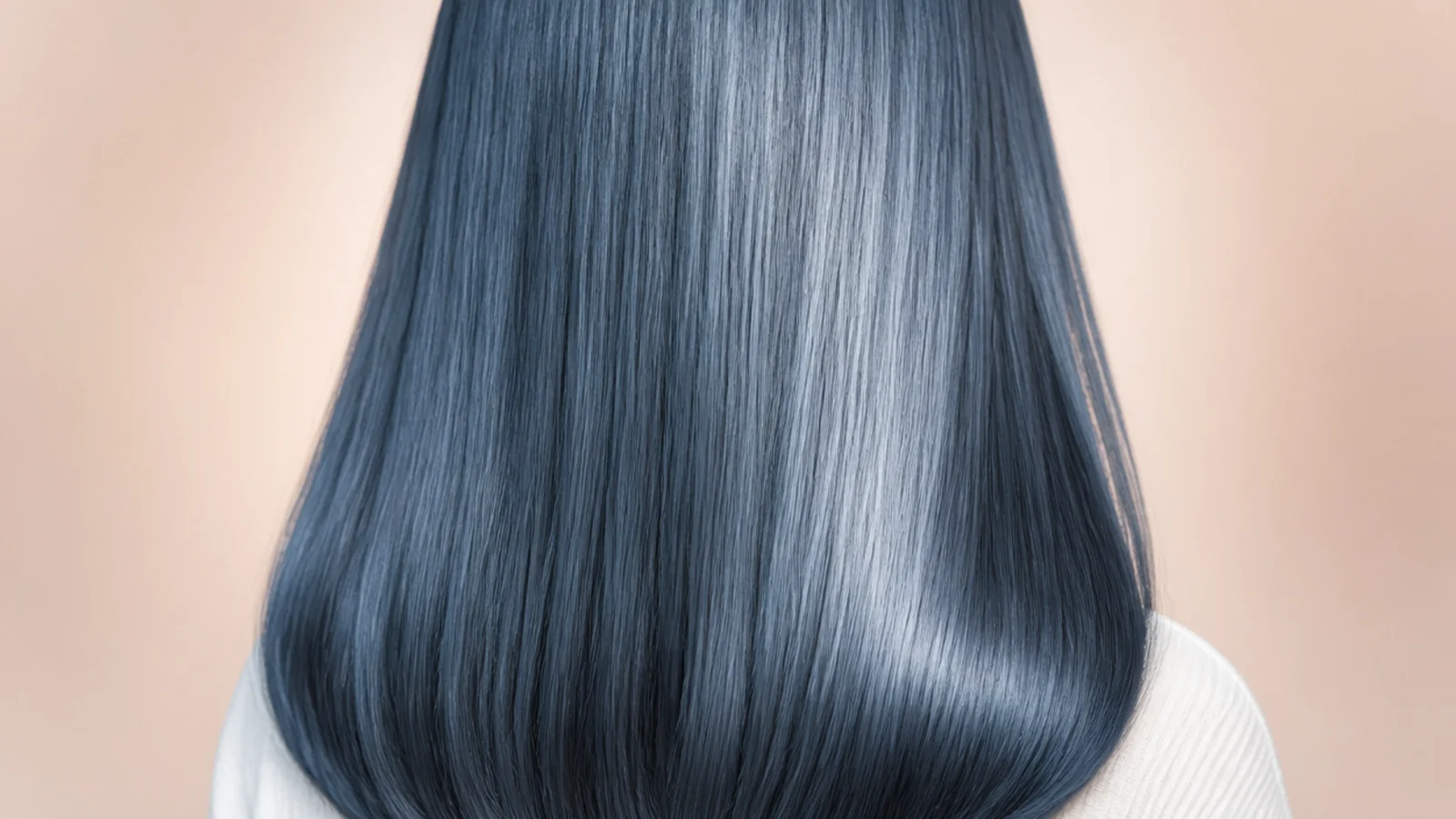 Sleek straight blue chrome glass hair with a mirror shine and blunt ends, photographed from behind